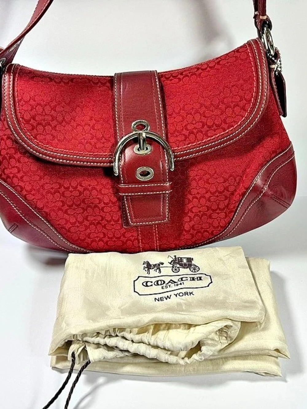 Y2K Coach CHERRY RED Soho Signature Buckle Flap Shoulder Bag Red
